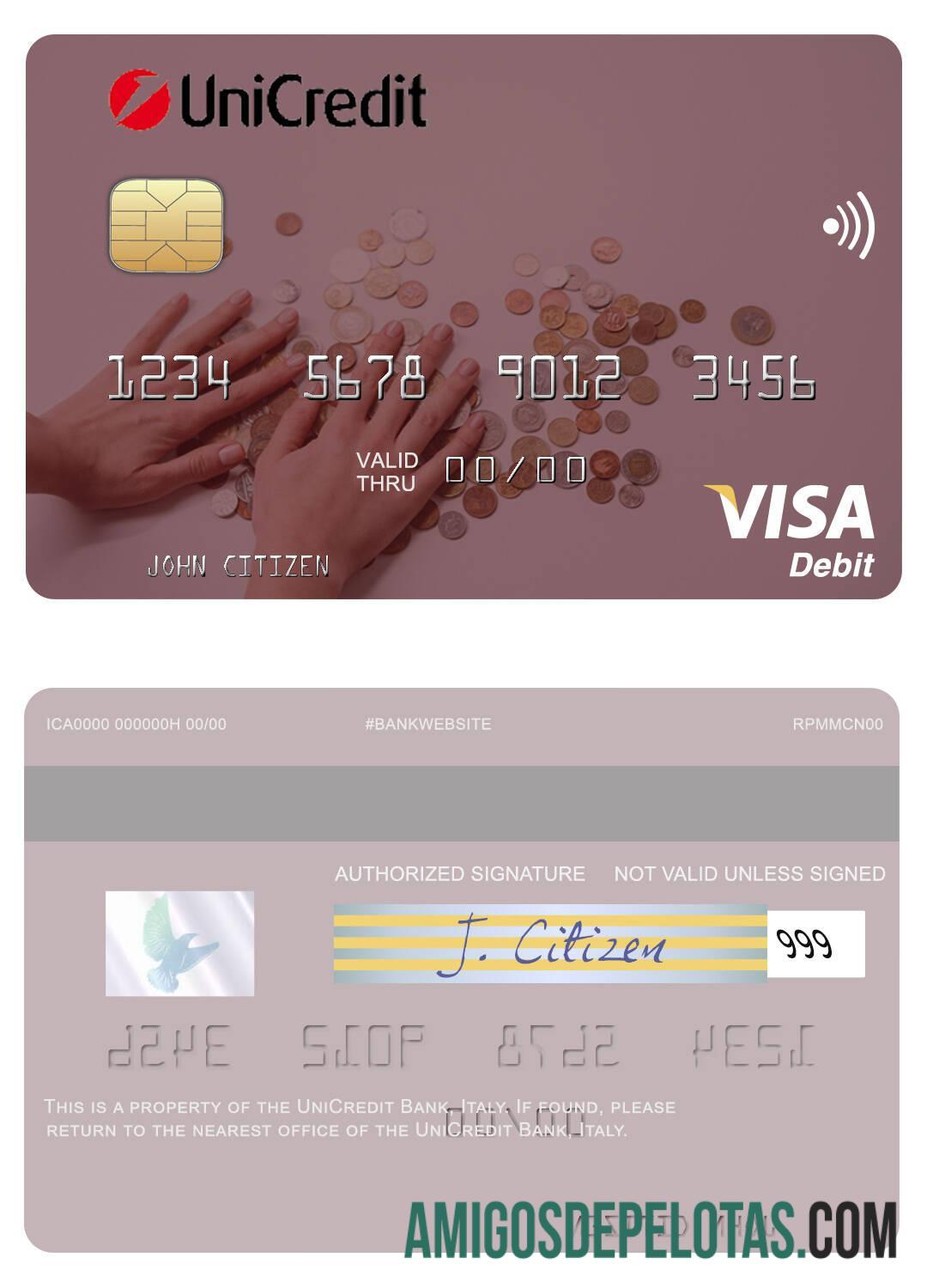 Cartão de débito Visa do Banco UniCredit da Itália modelo